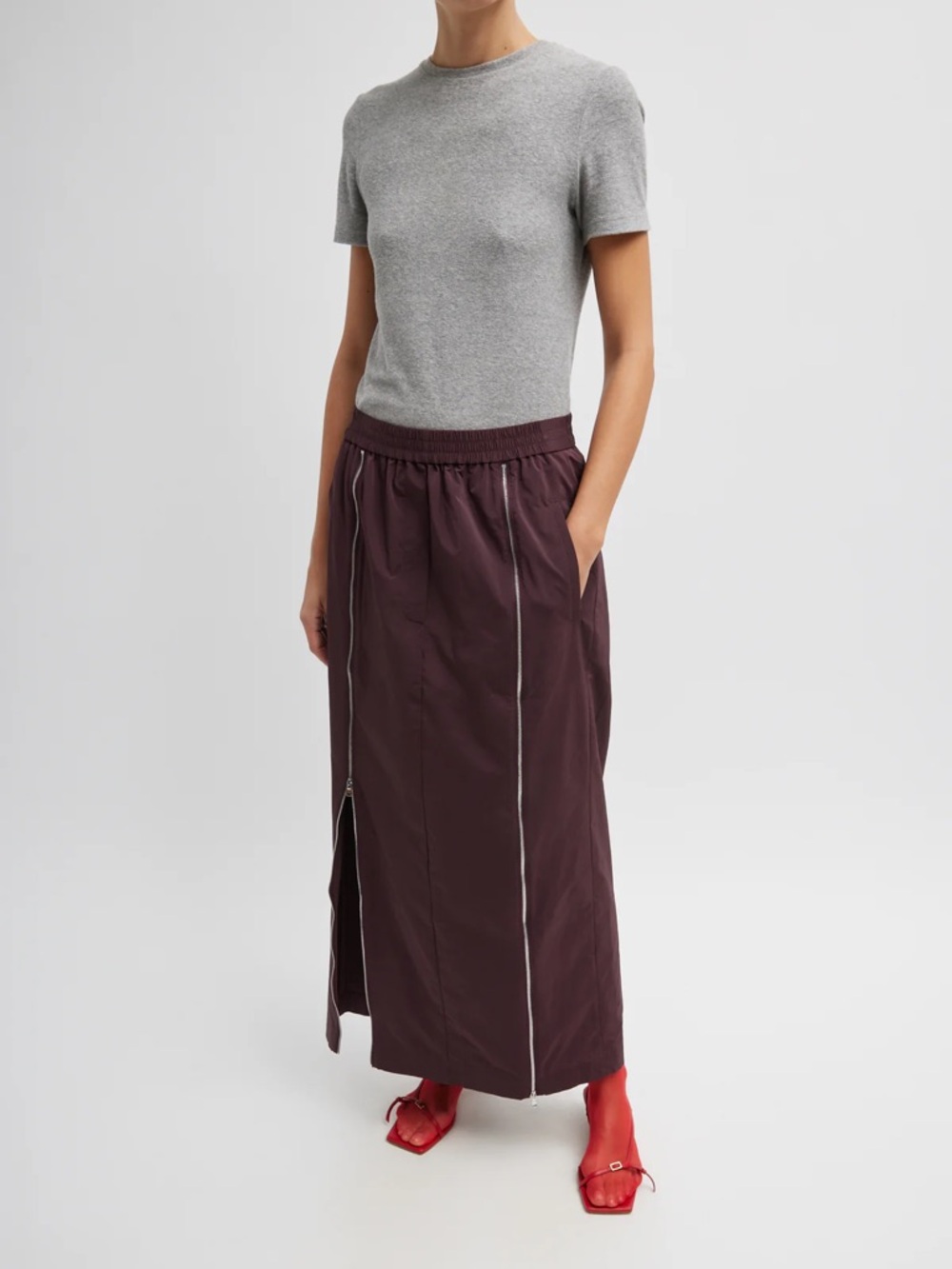 Tibi Maxi Skirt in Deep Burgundy with Silver Trim